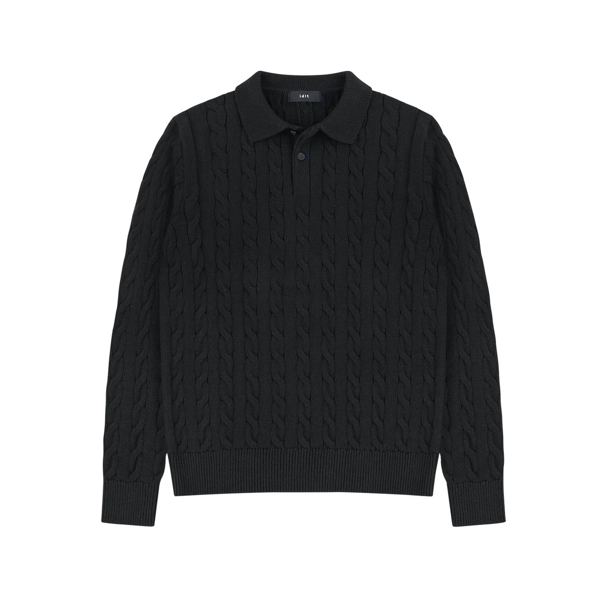 Cotton Cable Knit Polo in Black, front view