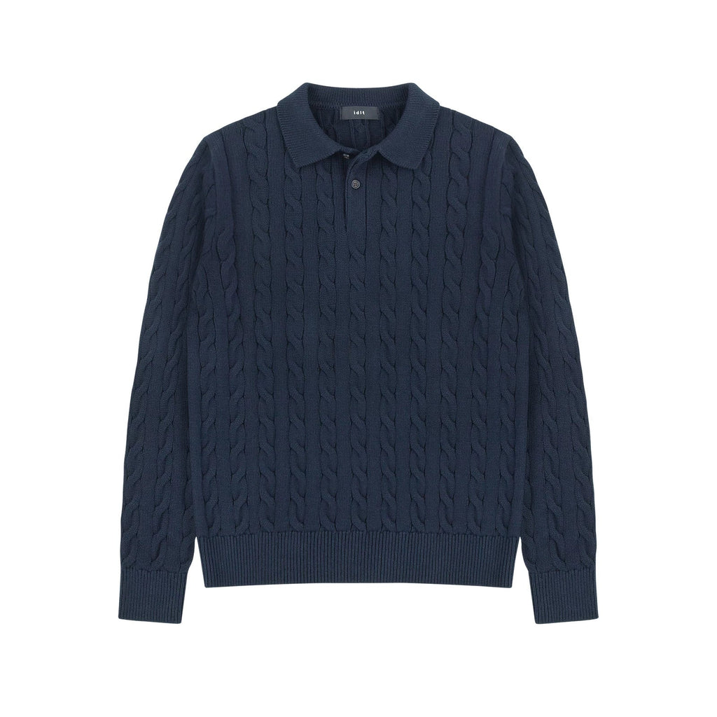 Cotton Cable Knit Polo in Navy, front view
