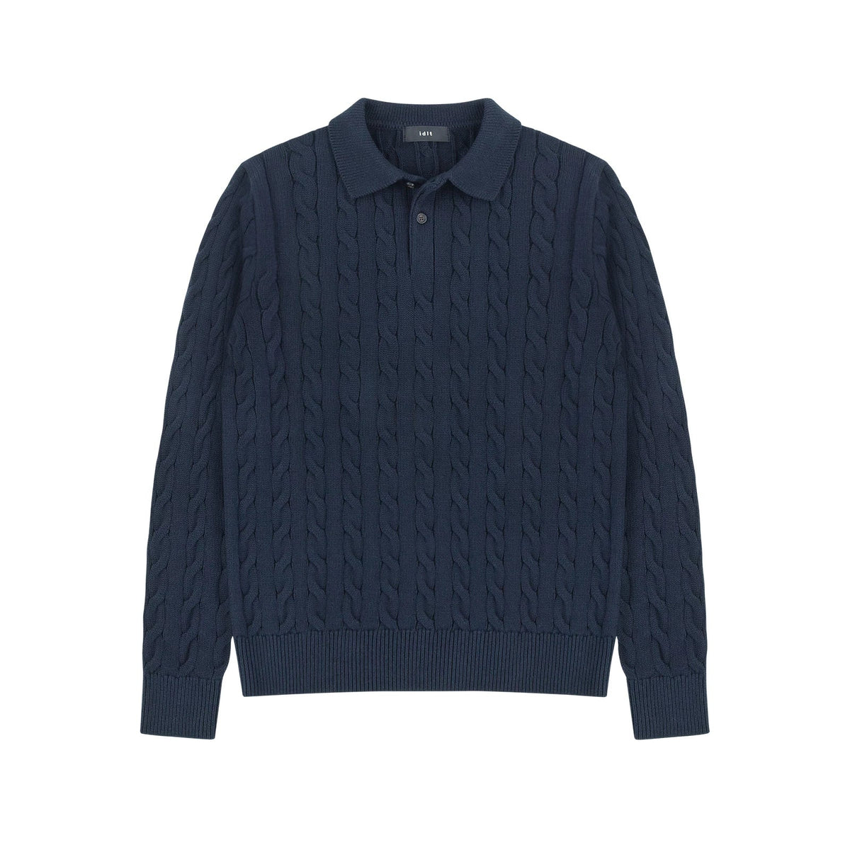 Cotton Cable Knit Polo in Navy, front view