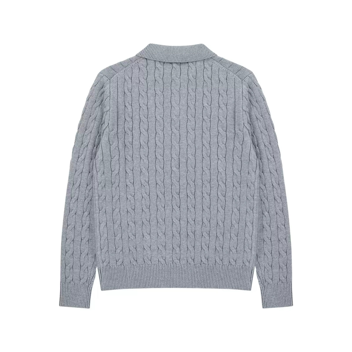 Cotton Cable Knit Polo in Heather Grey, back view