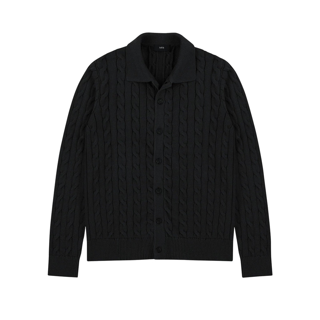 Collared Cable Knit Cardigan in Black, front view