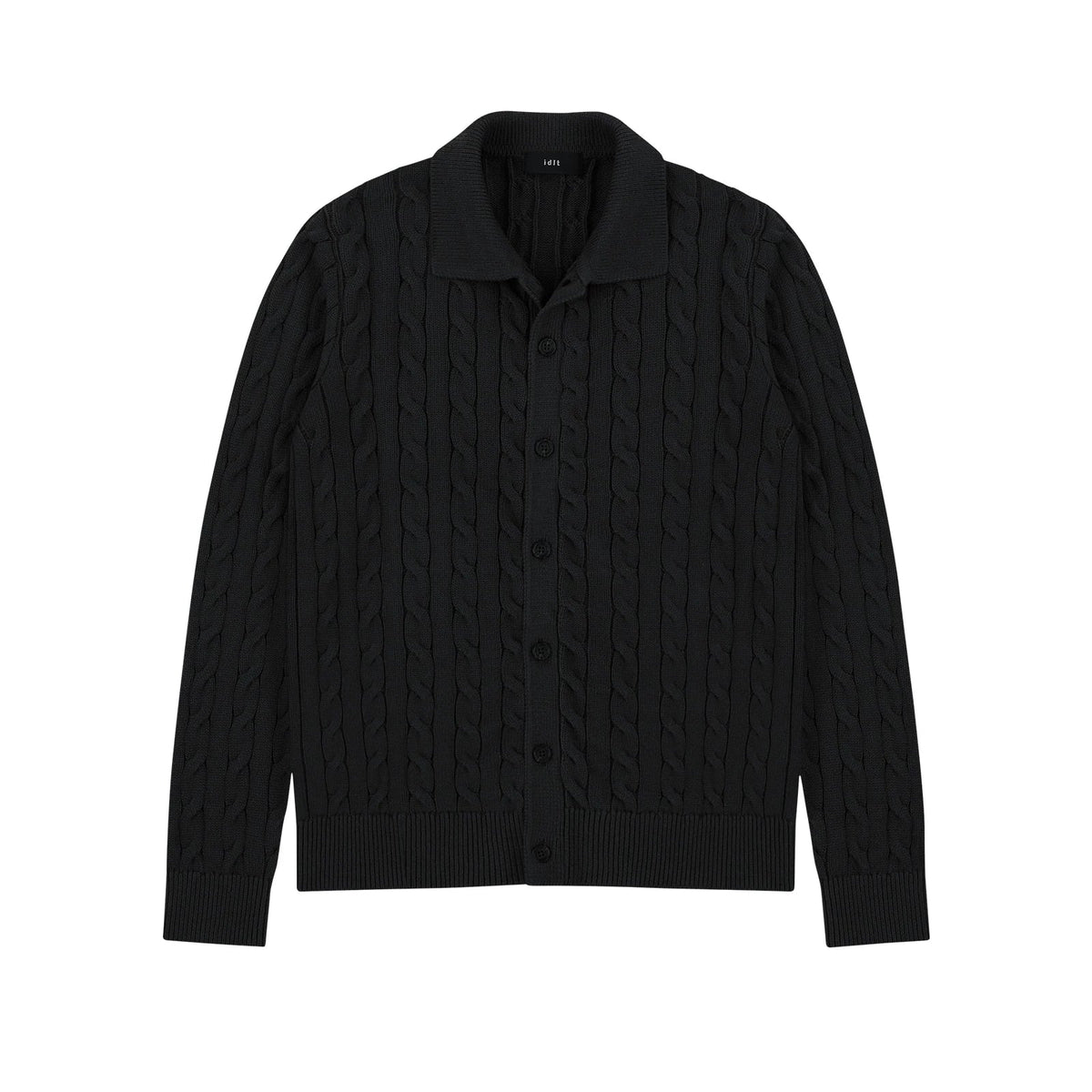 Collared Cable Knit Cardigan in Black, front view