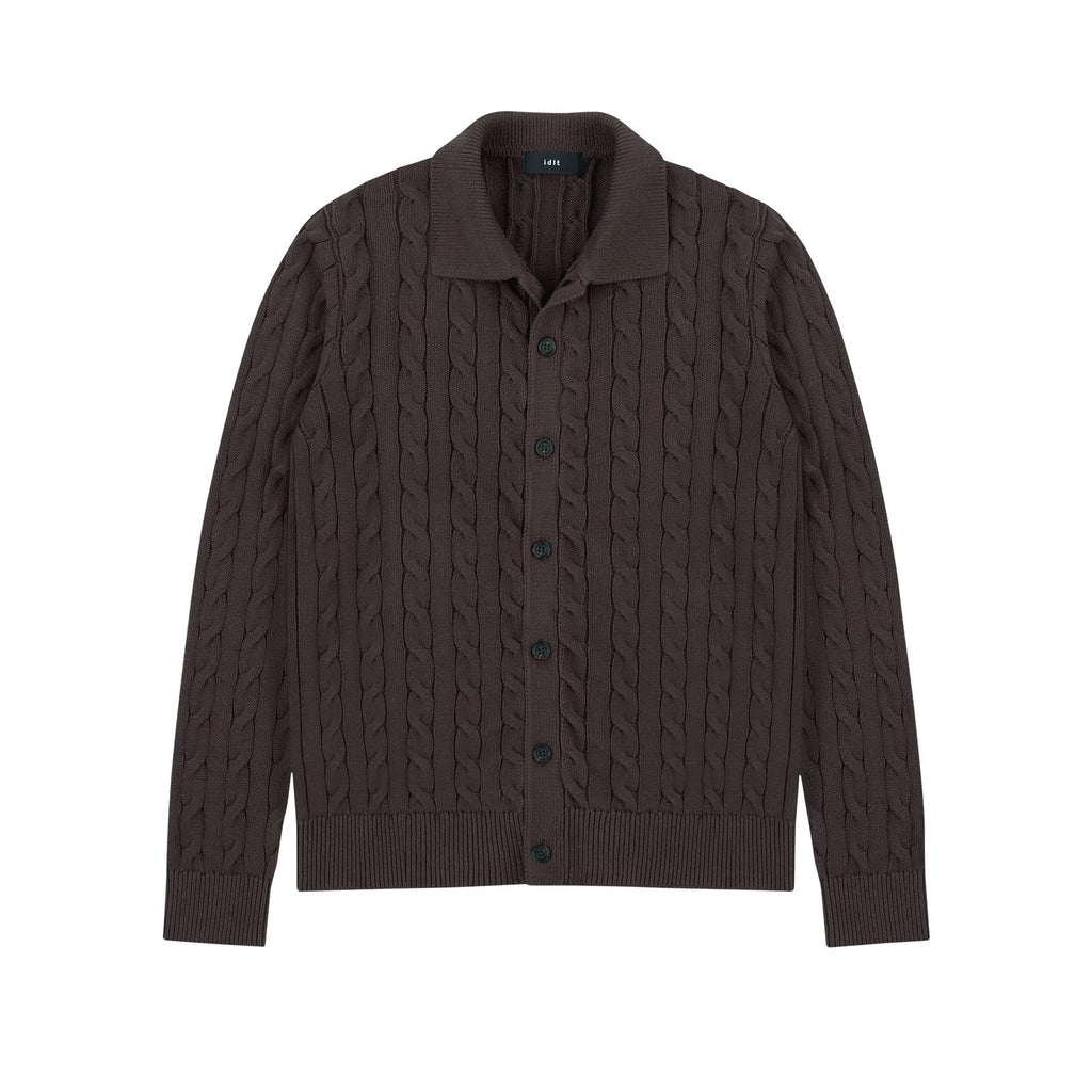 Collared Cable Knit Cardigan in Dark Brown, front view