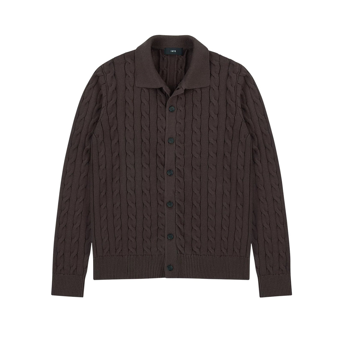 Collared Cable Knit Cardigan in Dark Brown, front view