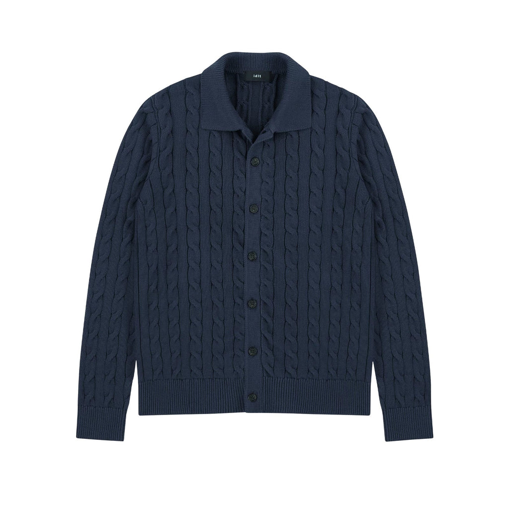 Collared Cable Knit Cardigan in Navy, front view