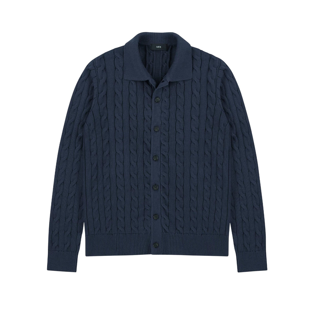Collared Cable Knit Cardigan in Navy, front view