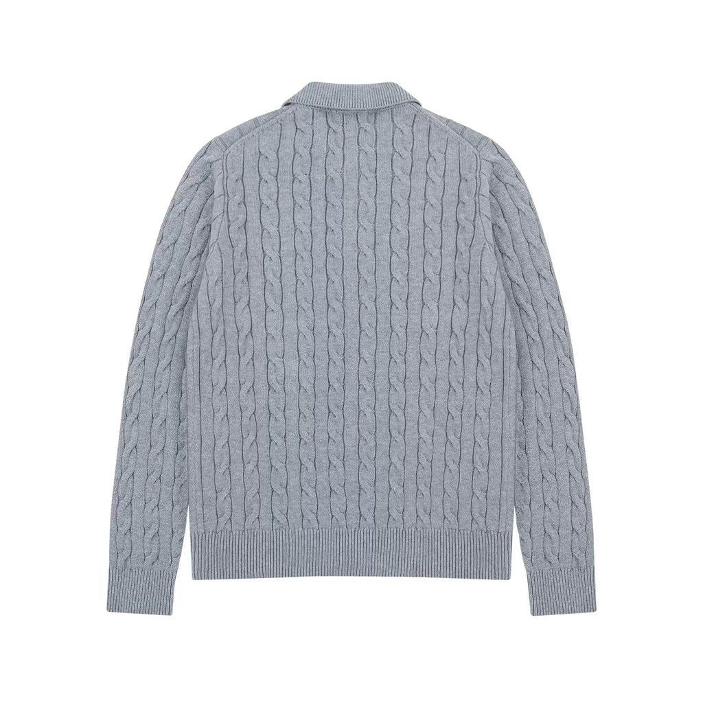 Collared Cable Knit Cardigan in Heather Grey, back view
