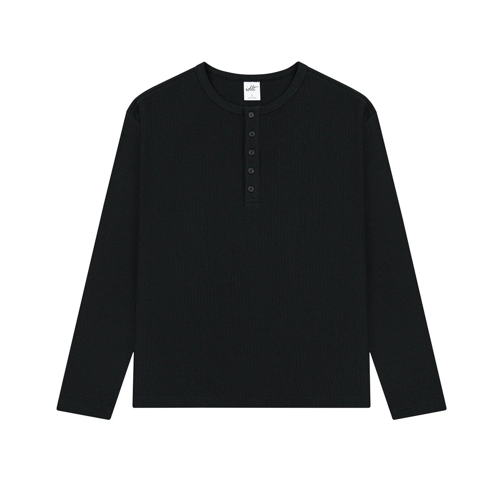Waffle Knit Henley Shirt in Black, front view
