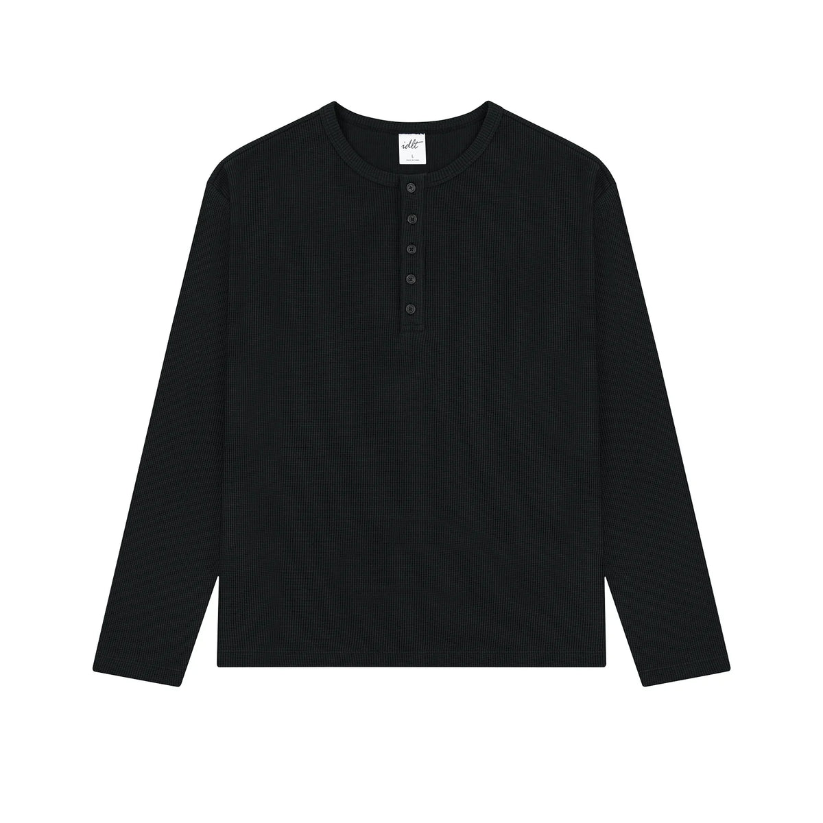 Waffle Knit Henley Shirt in Black, front view