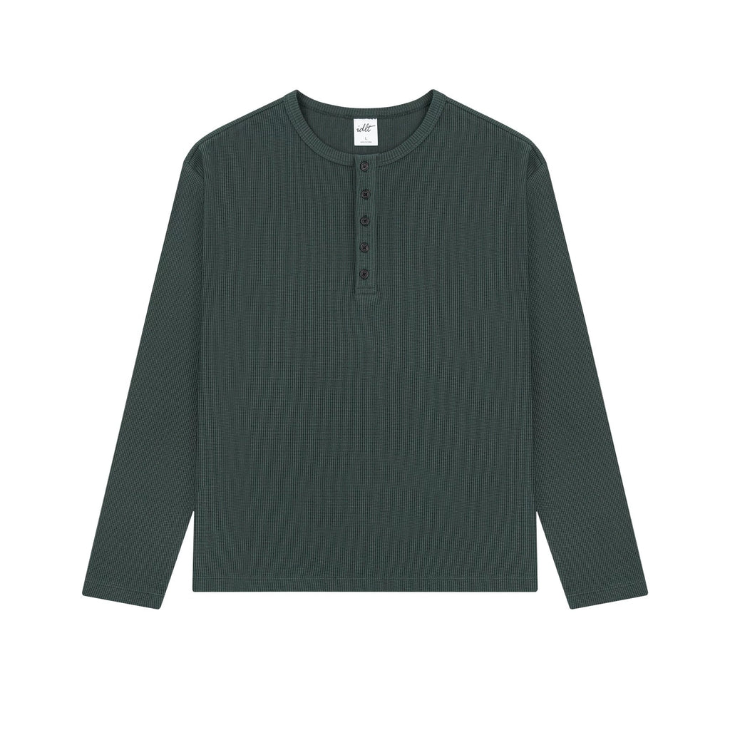 Waffle Knit Henley Shirt in Dark Green, front view