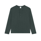 Waffle Knit Henley Shirt in Dark Green, front view
