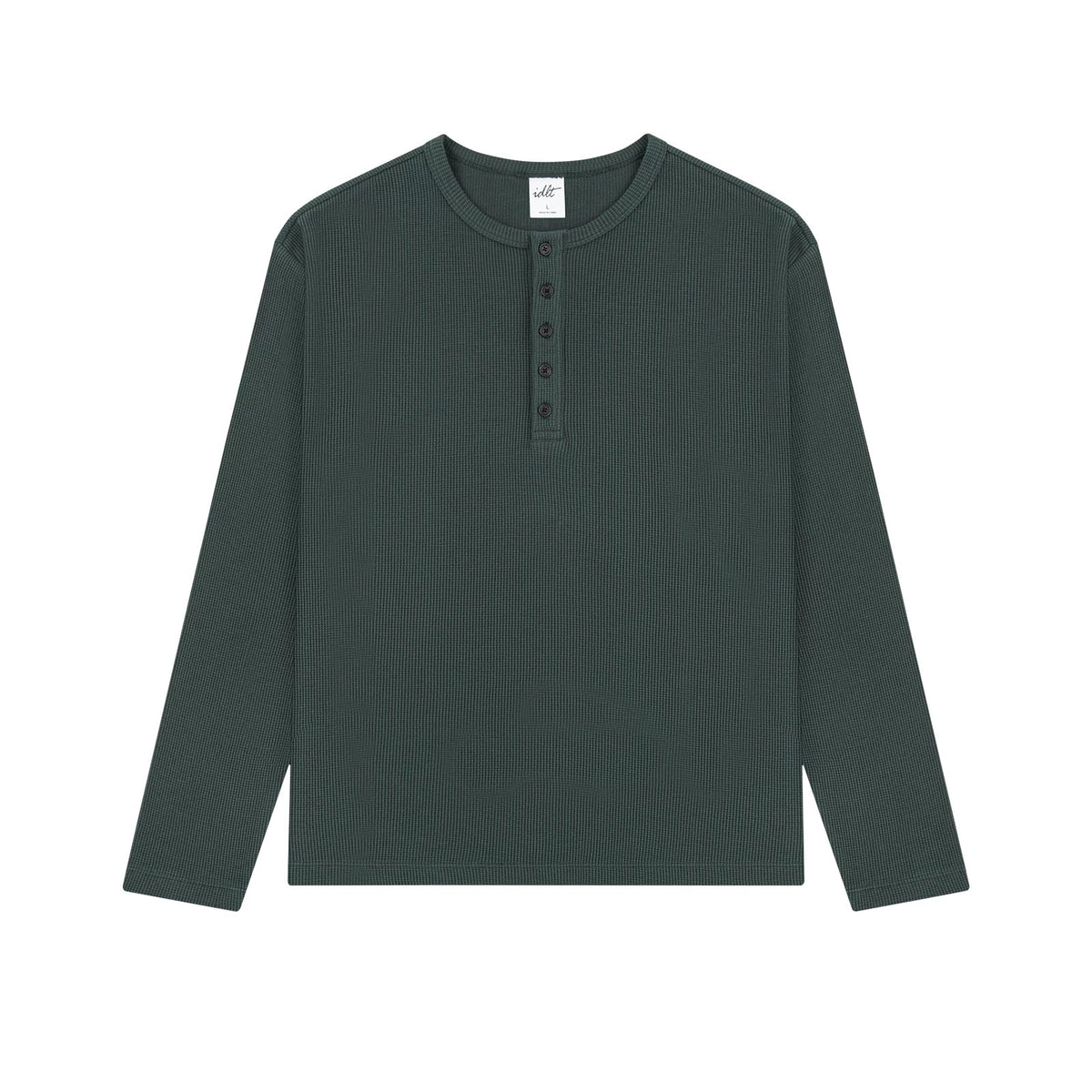Waffle Knit Henley Shirt in Dark Green, front view