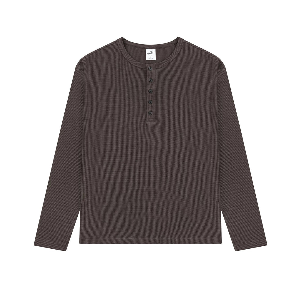 Waffle Knit Henley Shirt in Brown, front view