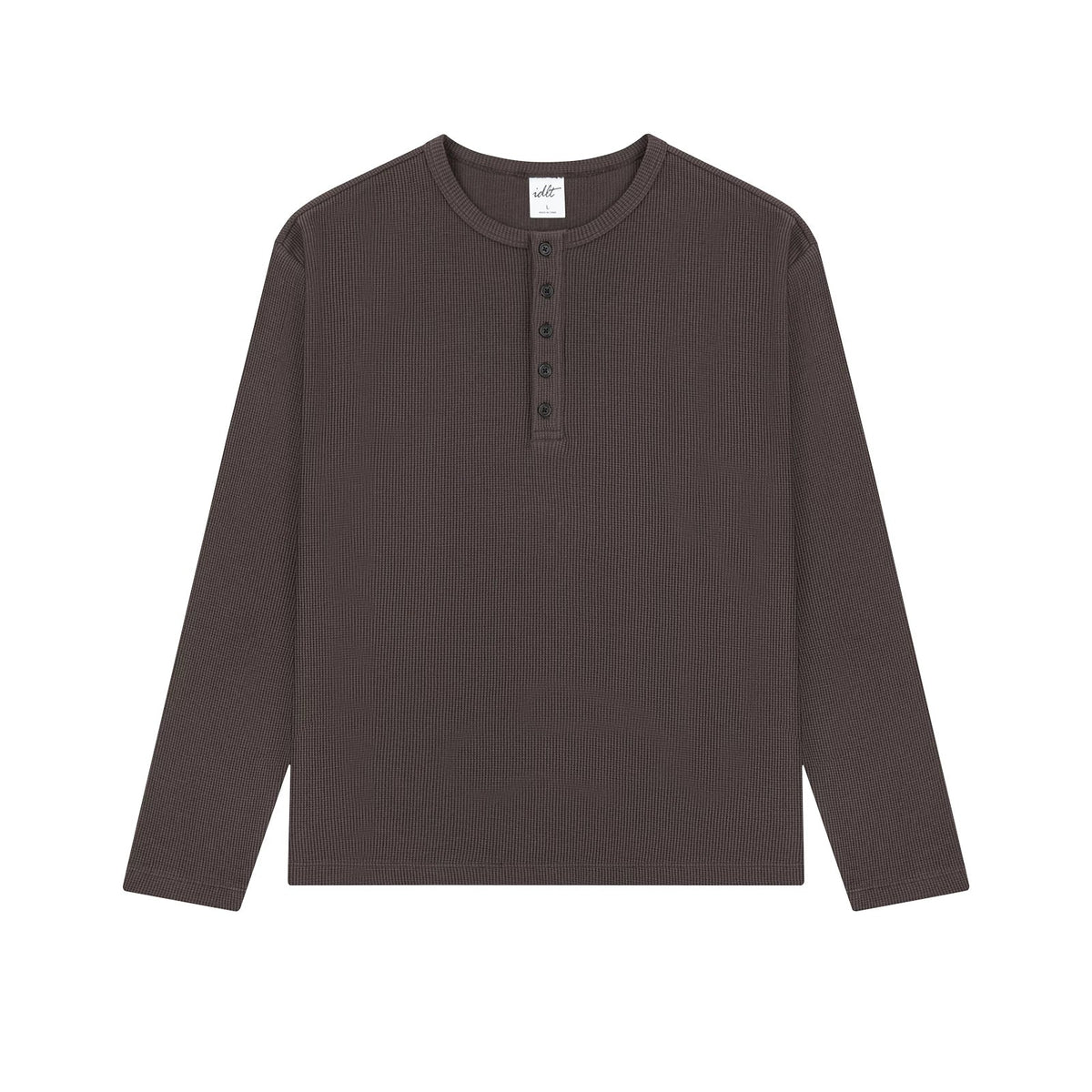 Waffle Knit Henley Shirt in Brown, front view