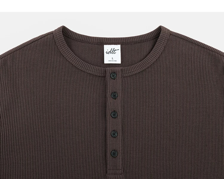 Brown waffle Henley neckline and placket
