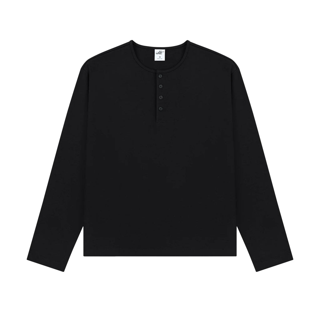 Cotton Long Sleeve Henley in Black, front view