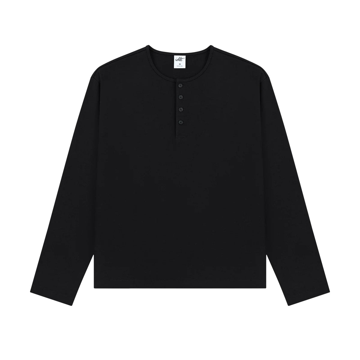 Cotton Long Sleeve Henley in Black, front view