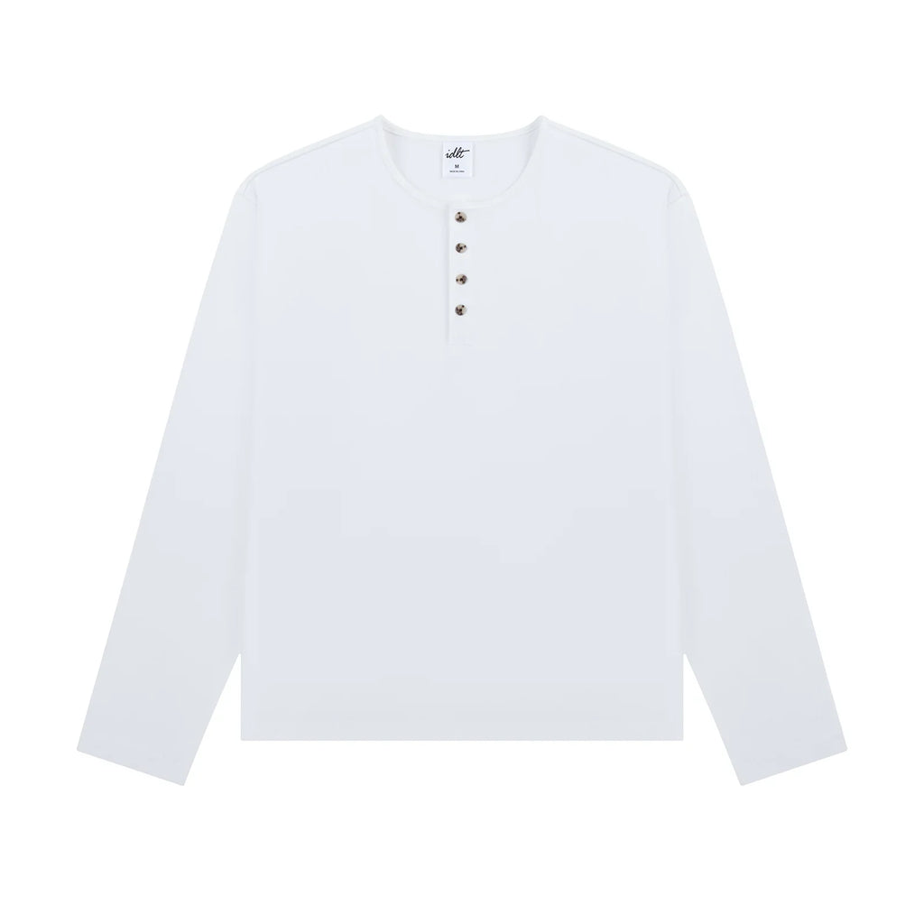 Cotton Long Sleeve Henley in White, front view