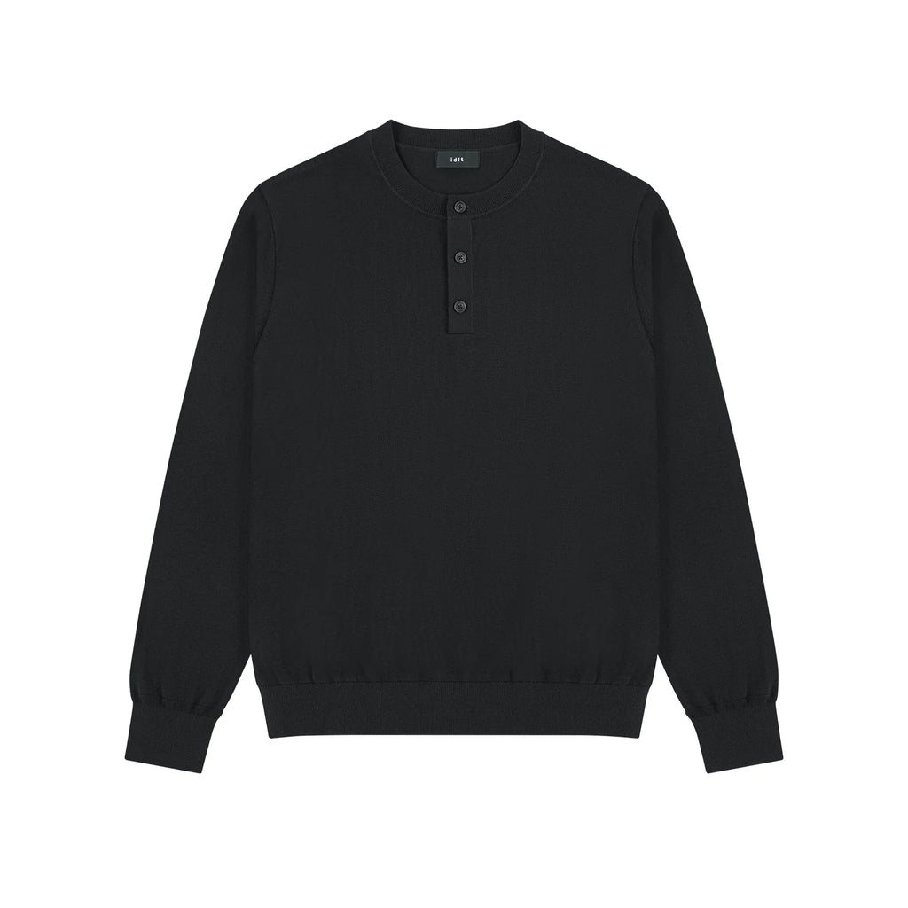 Fitted Knit Henley Shirt in Black, front