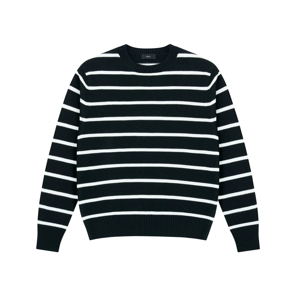 Relaxed Striped Knit Sweater in Black/White, front